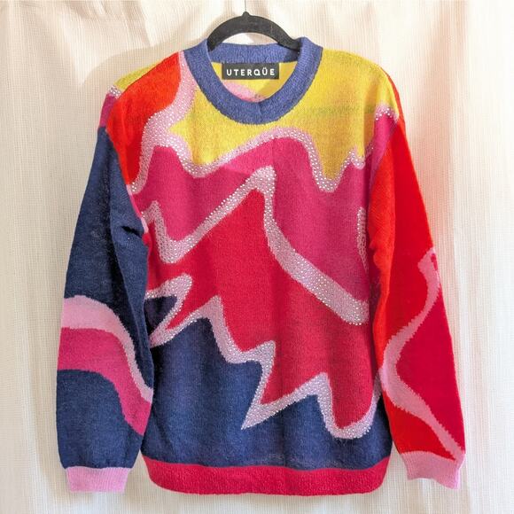 Uterque Multicolor Rhinestone Knit Alpaca Long Sleeve Round Neck Sweater, size M - Picture 1 of 7